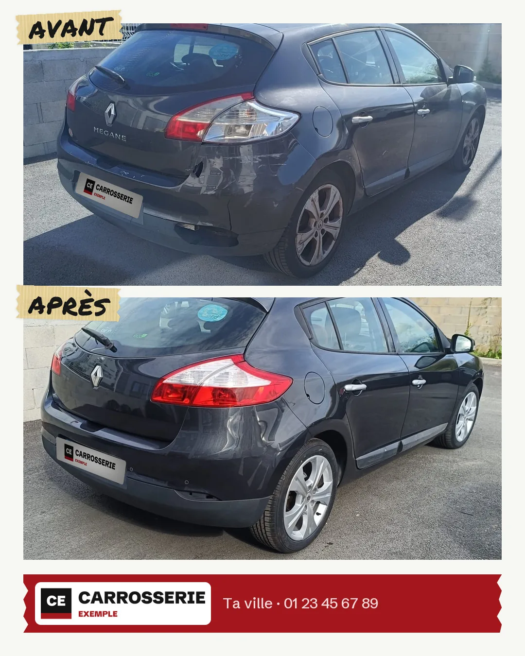 Photo d’exemple : la publication avant/après de « Carrosserie Exemple »